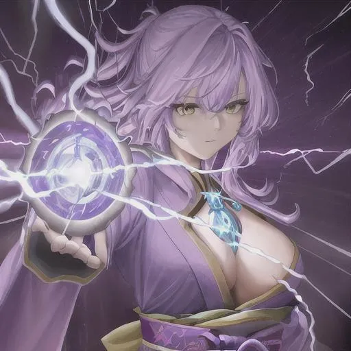 Prompt: oil painting, UHD, 8k, Very detailed, panned out, female lightning elemental with flesh that is purplemade of lightning, visible face she is made of lightning, she has flowing hair lighting coming from it, she wears a turquoise Japanese hanbok, a purple cloth across her chest, she hold a hammer which lightning is radiating from it, 