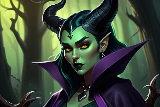 Prompt: Animatic Maleficent-inspired, dark fantasy illustration of a powerful animated Disney sorceress, Frey Allen facial twin with green skin, cute facial traits, green skin, green teint, yellow eyes, red lips, high cheekbones, ominous and magical atmosphere, rich dull purple and black tones, murky mystical forest setting, intricate and detailed horns, piercing and intense gaze, flowing and dramatic purple cloak, high-quality, digital painting, fantasy, dark tones, magical, detailed horns, powerful sorceress, atmospheric lighting, skulls and bones laying around