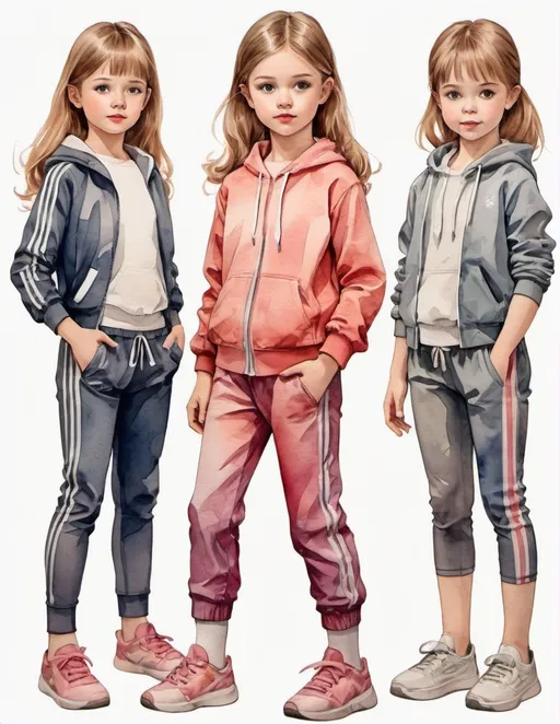 Prompt: young girl, children's clothing,  sports suit, a lot of details, high quality, fool body, standing straight, arms to the sides, paper doll, watercolor, several options, fashion design, 