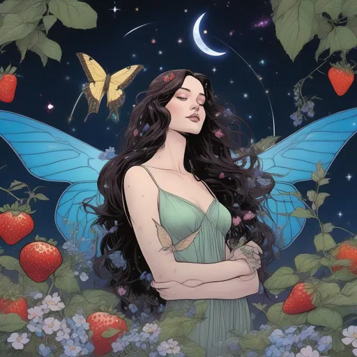 Prompt: A beautiful and colourful picture of Persephone with brunette hair and with an American Moon Moth, forget-me-not flowers, a chickadee bird, and strawberry plants surrounding her, framed by the moon and constellations in a marvel comics style