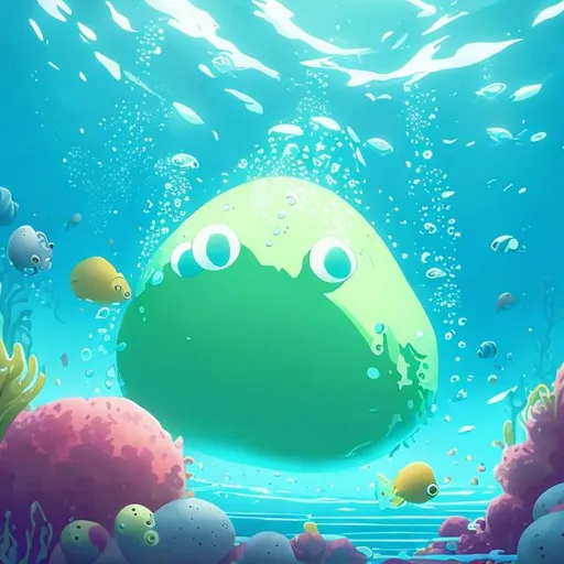 Prompt: dream about an under water bouncer but a big blob monster collecting rocks which are used to identify people