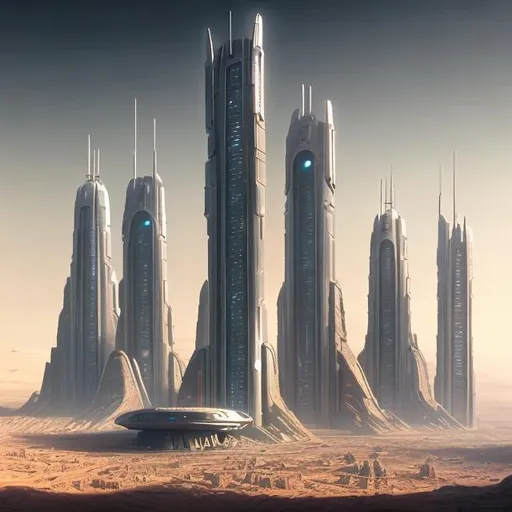 Prompt: advanced futuristic city on mars, skyscrapers, Architectural design, big civilization 