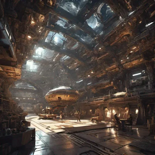 Prompt: artisan district inside an arcane steampunk space ship. open cavernous space. completely inside. artificial light 
