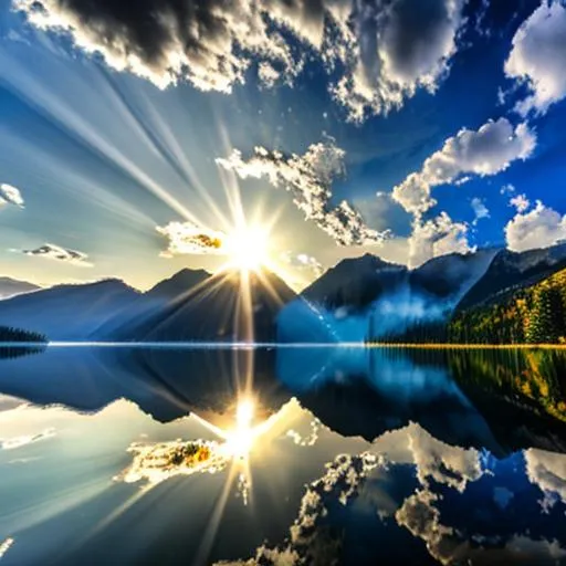 Prompt: ultra realistic, masterpiece, absurd resolution, ultra HD, 64k. HDR, UHD, highly detailed, professional photograph, hyper realistic, high resolution scan landscape, sun glaring through the mountains, reflecting on the water