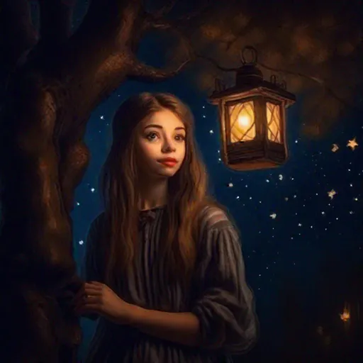 Prompt:  a pretty girl stands in a beautiful forest at night by a tree house and there is a warm lantern hang on the wall, at starry night, Rembrandt style, portrait