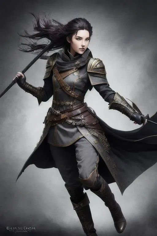 Prompt: fantasy art of a female dungeons and dragons human ranger character using both hands to hold a handgonne, full body image, mid stride, dashing, action shot, dark and darker style splash art, ((dark hair)) pretty face, soft expression, high detail, high contrast, white background, worn and distressed clothing, dark grey military style double breasted greatcoat, napoleonic style military uniform, blue insignia, large brown belt around waist, white riding breeches, tall black riding boots, pouches on belt for musket balls and cleaning equipment, holding arquebus in both arms, poleaxe strapped to back with leather sling, small bag on strap slung over shoulder, thin leather armor, white leather gloves, pale skin, dark brown eyes, dark brown hair, long wavy hair, hair covered partially by tattered headscarf