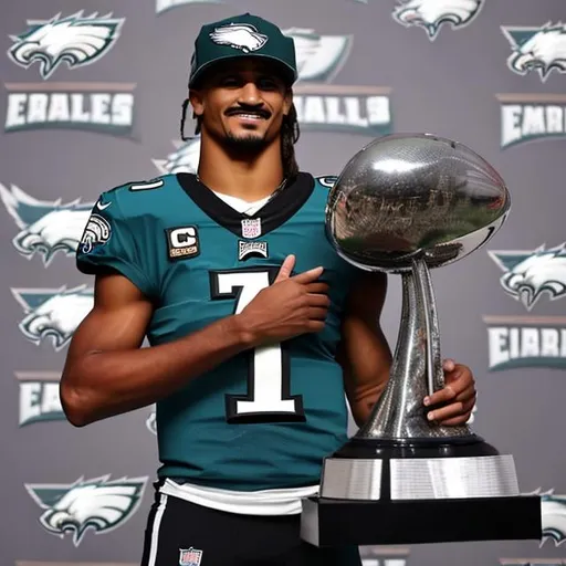 Prompt: jalen hurts holding lombardy trophy eagles