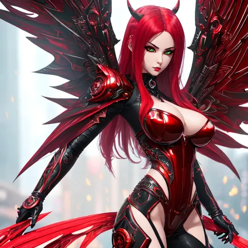 Prompt: close up shot, cinematic shot, splash art

Full body demon girl, hyperdetailed, red cyberpunk suit, cyberpunk style wings, exposed cleavage, 

Perfect face, hyperdetailed pretty face, hyperdetailed beautiful eyes, red eyes, intricate long green hair, detailed face, detailed body, white sclera, hyperdetailed accessories, suggestive pose

Long slender hands, perfect proportions,

Lustful, 

Colorful glamorous hyperdetailed intricate cyberpunk city background, long exposure, vivid colors,

Elegant, graceful, 

HDR, UHD, high res, 64k, cinematic lighting, special effects, volumetric lighting, detailed shadows, HD, octane render, professional photograph, studio lighting, masterpiece, contrast, professional work