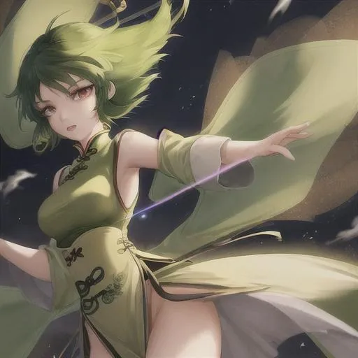 Prompt: incredibly detailed picture of a Chinese girl with short green hair with a wind element flying in the air