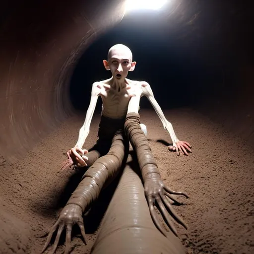 Prompt: Happy Pale thin creature with long arms and legs. long brown nails. Thin dark hair. Potbelly. lives in a dark pipe
