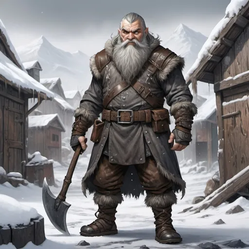 Prompt: Full body, Fantasy illustration of a male dwarf, thug, mean expression, leather armor, axe, grey hair and long beard, scars, high quality, rpg-fantasy, detailed, snow covered slums background