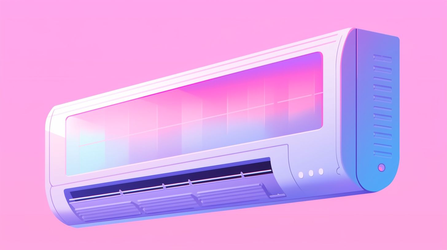 Prompt: vector art of an air conditioner, 80s synthwave colors - light blue; hot pink; bright oranges; purples, no lines, only colors fading into the other, close up shot of the wall unit air conditioner --upbeta --niji 5 --ar 16:9