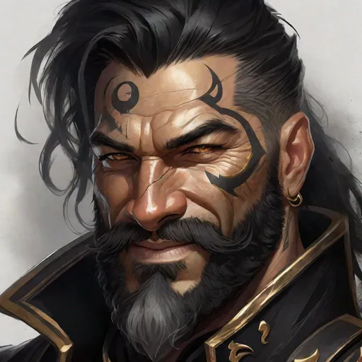 Prompt: Fantasy portrait of a friendly, smiling, middle-aged muscular inquisitor in black uniform, rough, rugged, ugly, with a mane of black hair, pallid skin, thick beard, gold specks in eyes, and bold tattoos, wearing a black inquisitor uniform, with a scarred and wrinkled face, broken nose and scars, barrel chested, in a tavern setting, detailed, highres, fantasy, rugged, tribal, smiling, intense gaze, detailed facial features, dark and mysterious, atmospheric lighting