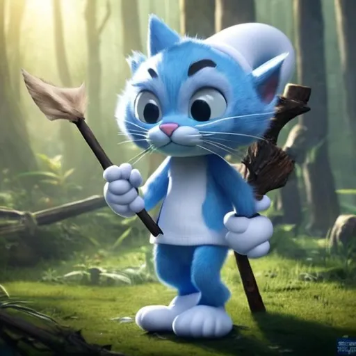 Prompt: Realistic Blue cat as a smurf with a white white hat and a stick at back of him with white pants walking in the forest
