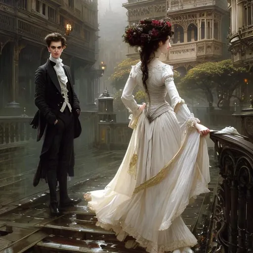 Prompt: Full body splash art of skinny male, androgynous, handsome, short {WHITE} wavy hair, pale skin, victorian clothes, elegant, highly detailed, intricate, smooth, sharp focus, artstation, digital painting, concept art, art by greg rutkowski, alphonse mucha and John William Waterhouse, dark, eerie, gothic, creepy, romantic, insanity