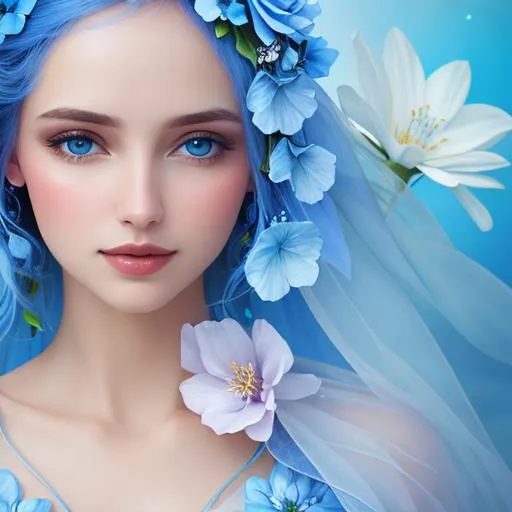 Prompt: beautiful woman, ethereal,dreamscape,, pale blue colors, flowers, closeup