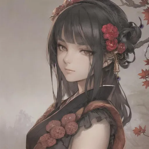 Prompt: masterpiece, illustration, best quality:1.2), 1girl, solo, black hair, dignfied , foggy grey eyes, finely detailed, detailed face, toned face, beautiful detailed eyes, beautiful detailed shading, beautifully detailed background, fallen leaf, autumn, red kimono, flower hair ornament