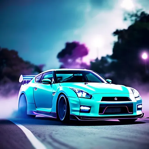 Prompt: Nissan skyline r35 ultra realistic vapor wave front shot while drifting 
