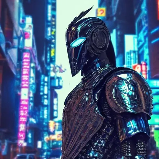 Prompt: New winged bearded friendly Superhero. Futuristic. Bionic limbs. Black and neon. Gritty. Anime. Neo tokyo. Hero costume. Armour plated. British