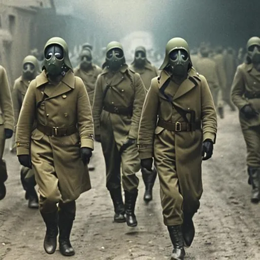 Prompt: Soldiers wearing gas mask while in a trench