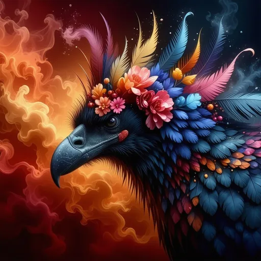 Prompt: (regal looking vulture), (surrealistic style), (vibrant color scheme), extraordinary and spectacular plumage, ornate and imaginative details, dreamlike atmosphere, high contrast vivid hues, intriguing textures and forms, whimsical background elements, soft ethereal lighting, (ultra-detailed), striking visual composition, captivating and mesmerizing appearance.