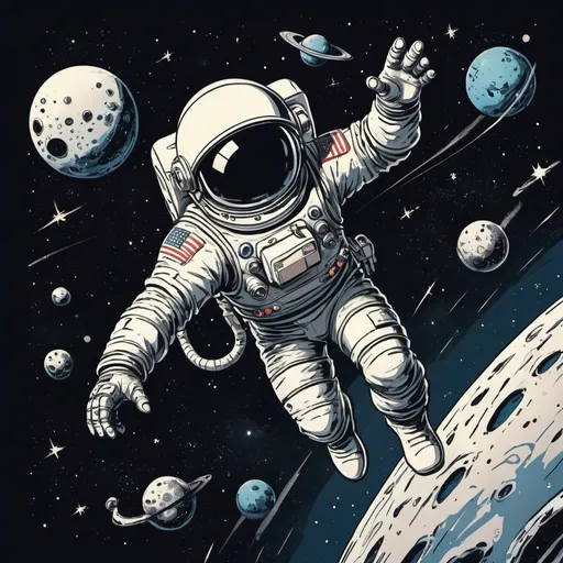 Prompt: Retro comic style artwork, simple detailed astronaut, floating through space