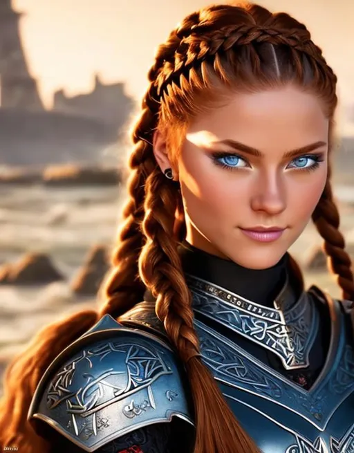 Prompt: highest quality stylized viking woman masterpiece, red hair, cornrow braids, blue eyes, black gear, black armor, award-winning 3d oil painting art, perfect anatomy in perfect composition, long shot, hyper-realistic photography, intricate, 64k, UHD, HDR, (intricate eyes), extraordinary lips, smile, gorgeous eyelashes, highly detailed face, hyper-realistic facial features, cinematic 3d volumetric, dramatic lighting with backlit backlight, by Julia Razumova