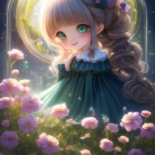 Prompt: (masterpiece, best quality:1.2), illustration, absurdres, highres, extremely detailed, 1 petite girl inside a (sandglass), navy long hair, small double pigtails, green eyes, eye highlights, dress, short puffy sleeves, frills, flower, fluttering petals, upper body, depth of field, (:d:0.8), chromatic aberration abuse,pastel color, Depth of field, purple tint,(purple fog:1.3)