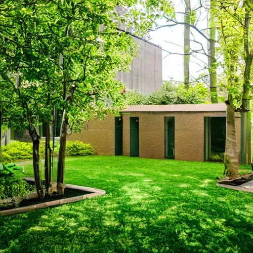 Prompt: Backyard of a building with green trees and a separate room
