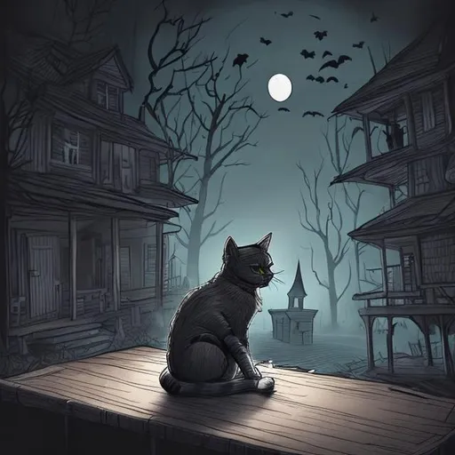 Prompt: A cat sitting on a table, handrawn style, spooky environment, large moon in the background