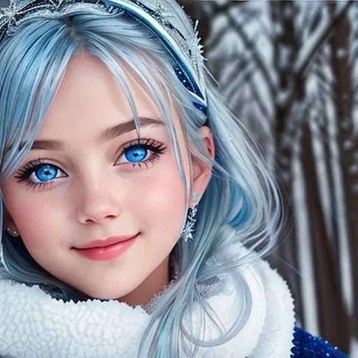 Prompt: young girl, covered in frost, bashful hypnotic sapphire blue eyes, calm bashful smile, gorgeous silver, blue  hair