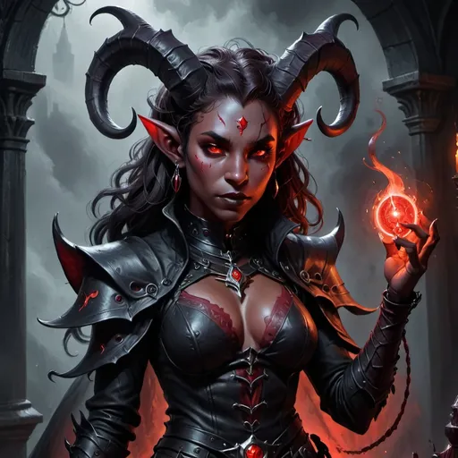 Prompt: Female tiefling blood cleric, slim physique, gothic attire featuring dark red accents, intricate silver jewelry, glowing crimson insignia, intense gaze, mysterious atmosphere, adorned with dark rituals, ominous fog in the background, detailed horn structure, ethereal light illuminating her features, tension-filled ambiance, ultra-detailed, high-quality fantasy art, captivating presence, emotional depth.