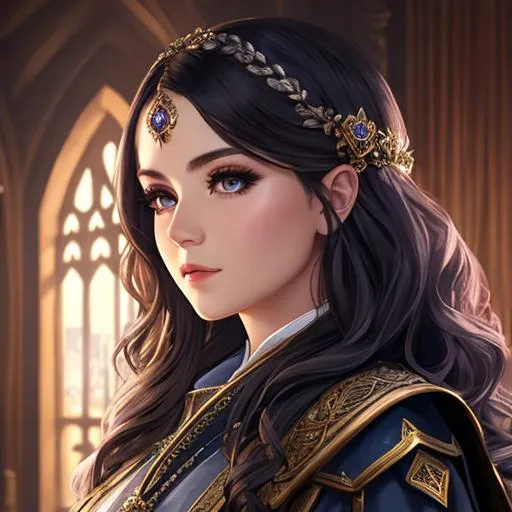 Prompt: half body portrait, female , cleric,  detailed face, detailed eyes, full eyelashes, ultra detailed accessories, detailed interior, city background, full robes, short wavy hair, dnd, artwork, dark fantasy, tavern interior, looking outside from a window, inspired by D&D, concept art, night time