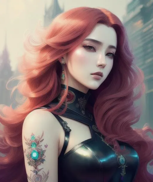 Prompt:   matte portrait, feminine elegant ethereal beautiful kpop princess with intricately decorated cyberpunk streetwear, crimson red  balayage wild hair, royal vibe, highly detailed, digital painting, Trending on artstation , HD quality, by artgerm and greg rutkowski and alphonse mucha, dramatic light, octane, dreamy, colorful ink illustration, windy era, oil on canvas, highly detailed, brush strokes, Krenz Cushart + loish +gaston bussiere +craig mullins, j. c. leyendecker +Artgerm, oil painting texture oil painting effect. 