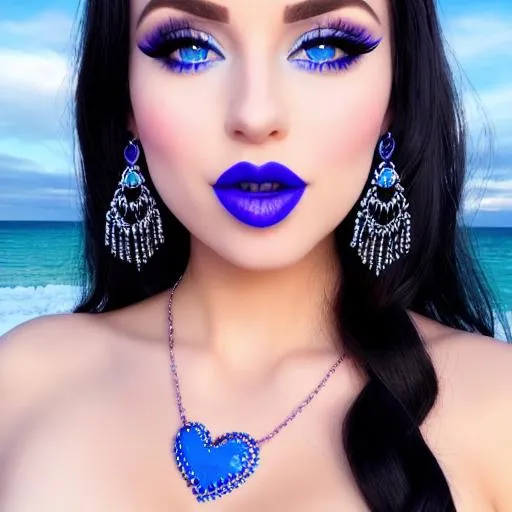 Prompt: Katy Perry eating ice cream, blue lipstick, snowy beach, blue heart necklaces, pleasant face, blue eyes, Black-purple eyeshadow, long ice earrings. Cold color scheme, ultradetailed, 8k resolution, perfect, smooth, high quality, shiny. 