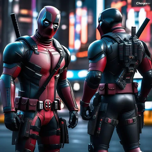 Prompt: Masterpiece, Deadpool wear black and silver cyberpunk mechanic armor, heroic pose, finely detailed armor, intricate design, cinematic lighting, 4k, perfect composition, beautiful detailed intricate insanely detailed octane render trending on artstation, 8 k artistic photography, photorealistic concept art, soft natural volumetric cinematic perfect light, chiaroscuro, award - winning photograph, synthwave, inkpunk, by greg rutkowski, beeple, beksinski, giger, neon ambiance, abstract black oil, gear mecha, detailed acrylic, grunge, intricate complexity, rendered in unreal engine, photorealistic, neon color, disco, cypunk, futuristic, trending on artstation, by greg rutkowski,  8k