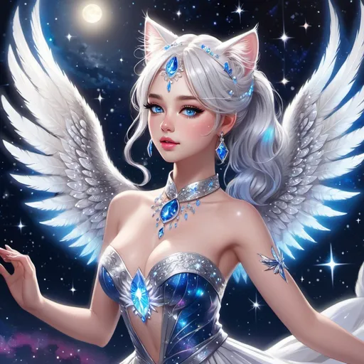 Prompt: best quality+++, high quality+++, detailed+++, 1 woman, full body (detailed) dancing, white hair+++, hair in ponytail+++, curtain bangs+++, cat ears++ cat tail (visible)+++ blue eyes (detailed, glowing), pink lips (glowing, plump)+++, white dress++ high heels++, galaxy++ starry night++ half moon++prismatic goddess++, shining++ glowing+++, crystals++, crystal wings+++, silver headdress with blue gemstone+++ (glowing), silver tattoos, realistic+++, she has no human ears