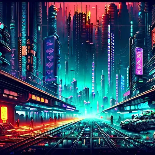 Prompt: ((best quality)), ((masterpiece)), intricately detailed, cyberpunk, futuristic city, night city, neon, train