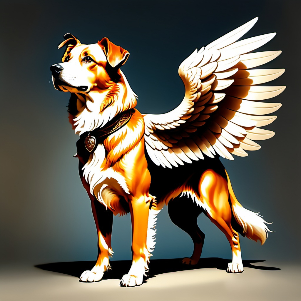 a large winged old tan dog, dogs wings coming from t...