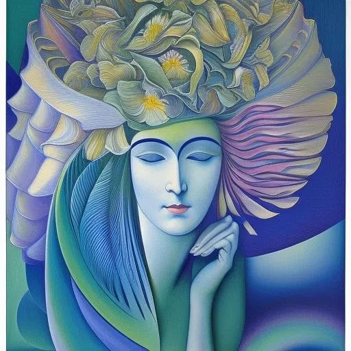 Prompt: a painting of a flower bouquet with a woman's beautiful face, an art deco painting by Jean Delville, DeviantArt, abstract illusionism, fractalism, woodcut, biomorphic