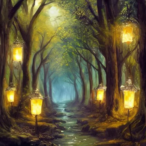 Prompt: magical forest with lanterns on trees, magical lanterns, silver moon, galaxy view, darkshire, willow wisps, pagan rituals, oil painting, ghenghar, gengar, ghastly