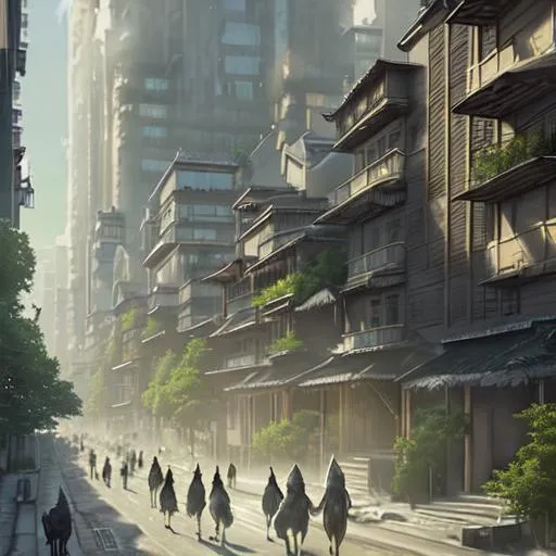 Prompt: A detailed matte painting  A group of wolf like people walking down a street next to a building. They meet with peaceful visitors from a utopian planet. Ukiyo