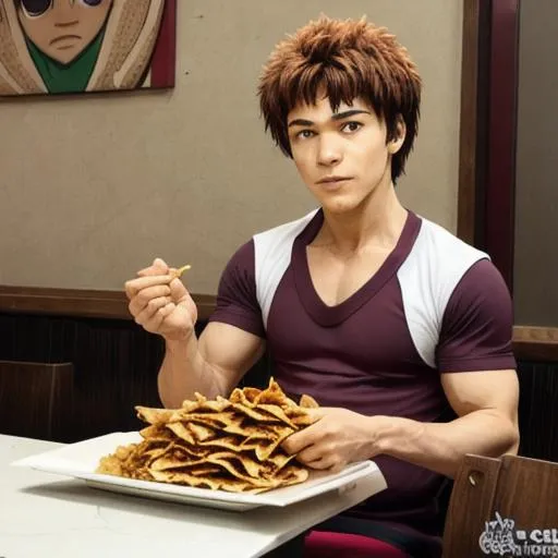 Prompt: baki hanma eating shawarma
