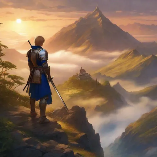 Prompt: Realistic lush ancient landscape, heavy mist, standing at the top of a mountain. a young cute Japanese adult {femboy}, medieval knight paladin holding a sword, detailed face, short brown to blonde hair, dark blue eyes, sun tanned skin, skin spores, round shaped nose, round cheeks, metal armor.