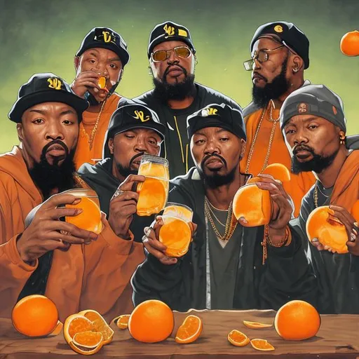 Prompt: Photorealistic group portrait of the Wu-tang Clan drinking Tang on a pile of oranges