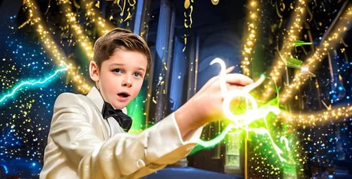 Prompt: Boy in a prom tuxedo casting a spell with his magic wand at the party 