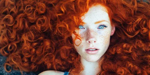 Prompt: woman, redhead, freckles, red eyes, curly hair, lying on the floor, extremely detailed
