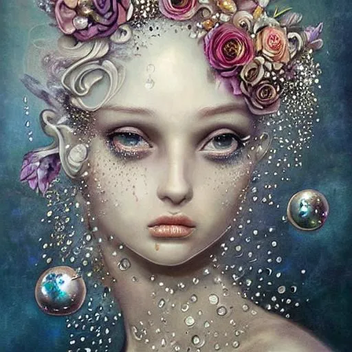 Prompt: realistic painted still life beautiful flowers by ambrosius bosschaet!!!!!, floating in the sky, iridescent water drops, crystal chandelier drops, glitter sparkles, symmetrical face, daniel merriam art, steampunk, muted colors, fairy wings, nicoletta ceccoli, daniel merriam art, jennifer healey art, fantasy art, renaissance gown, hyper realistic flower bouquet painting,  soft shadows, stunning, dreamy, elegant, perfect face, sparkles, Beautiful goddess, Haute Couture, princess dress, joseph karl steiler art, architecture illustrations 1800s, garden of roses and peonies background, ultra detailed, soft lighting, infinite depth, incredibly detailed, ultra realistic, high index of refraction, hyper realistic elegant smooth sharp clear edges, sharp focus, wide angle perspective, ultra realistic, sense of high spirits, volumetric lighting, occlusion, Unreal Engine 5 128K UHD Octane, fractal, pi, fBm