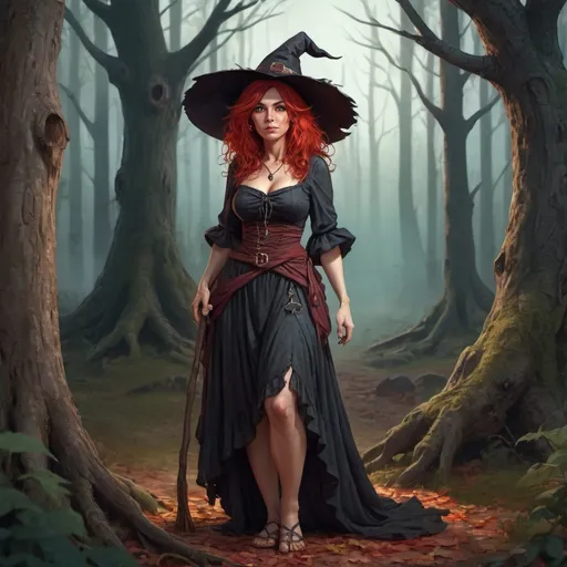 Prompt: Full body, Fantasy illustration of a witch, 35 years old, pretty, red disheveled hair,  wearing gypsy dress, mistrustful expression, high quality, rpg-fantasy, detailed, whitch hut in the forest, background