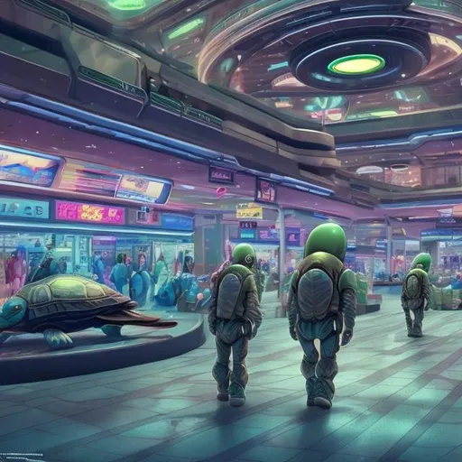 Prompt: turtle security guards in a busy alien mall, widescreen, infinity vanishing point, galaxy background, surprise easter egg